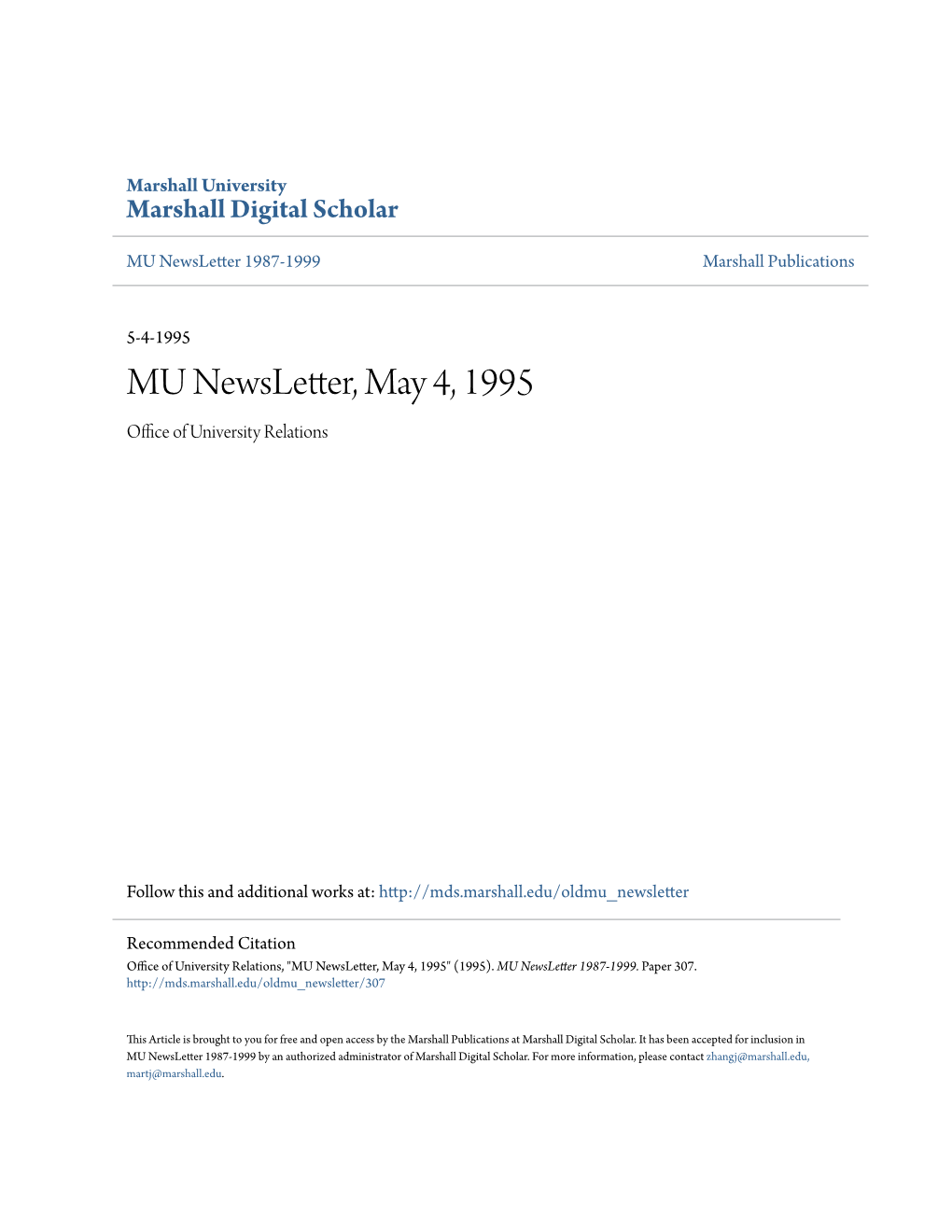 MU Newsletter, May 4, 1995 Office Ofni U Versity Relations