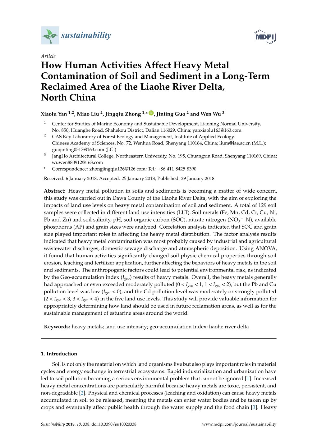 How Human Activities Affect Heavy Metal Contamination of Soil and Sediment in a Long-Term Reclaimed Area of the Liaohe River Delta, North China