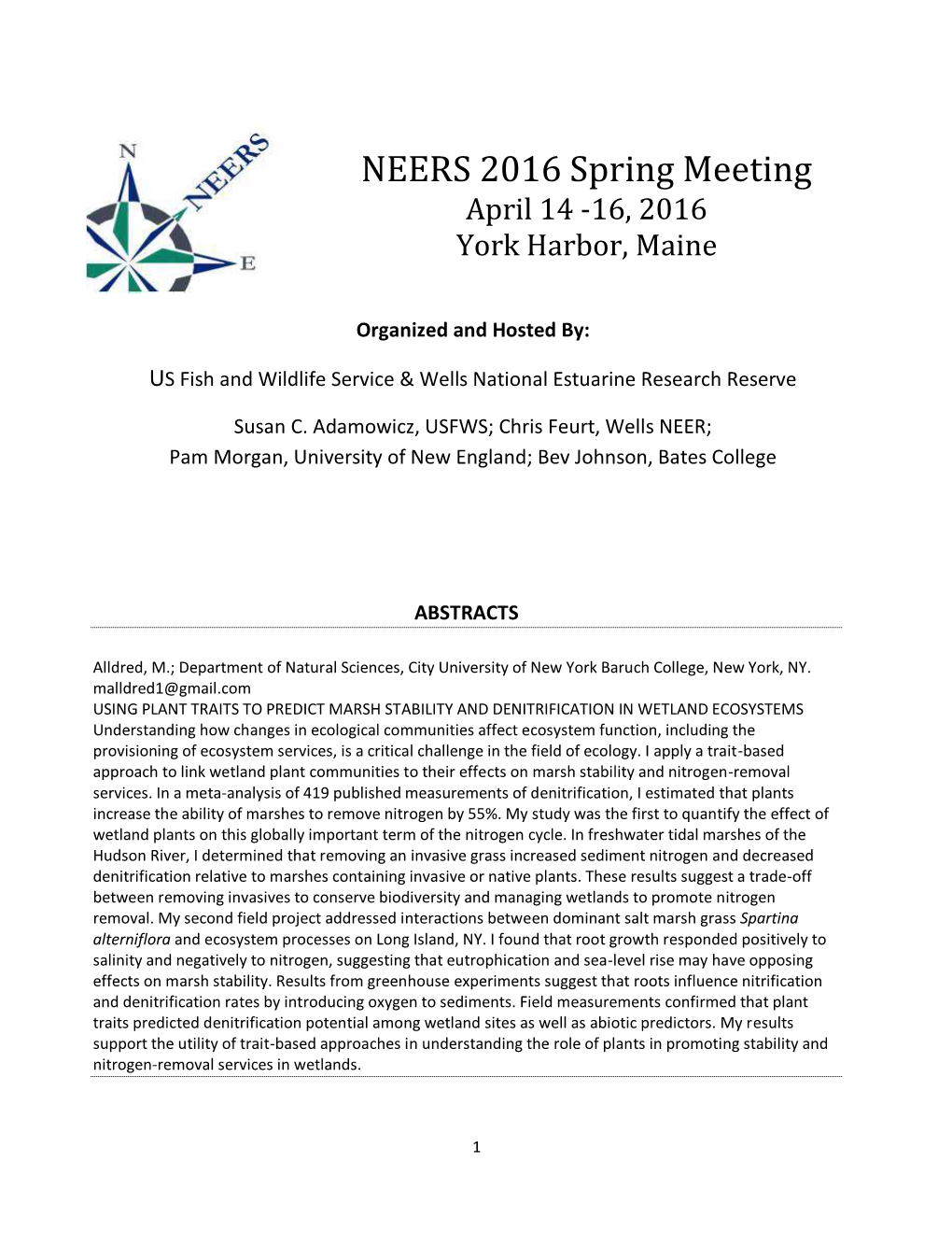 NEERS 2016 Spring Meeting April 14 -16, 2016 York Harbor, Maine