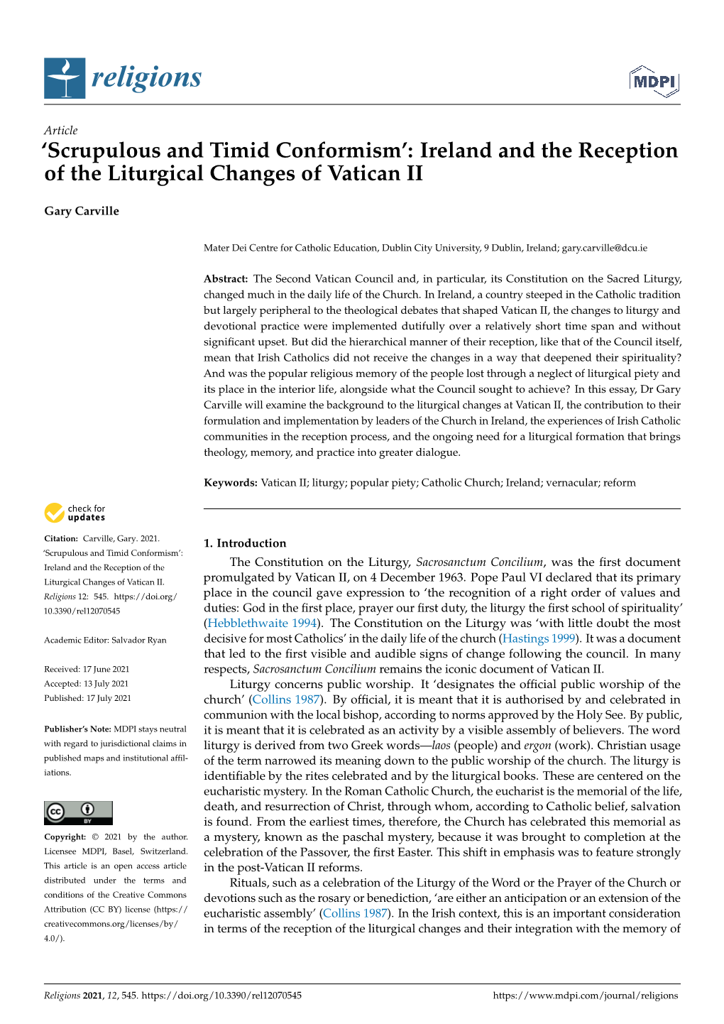 Ireland and the Reception of the Liturgical Changes of Vatican II