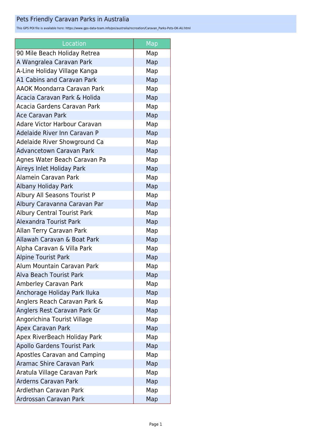 Pets Friendly Caravan Parks in Australia Location Map 90 Mile