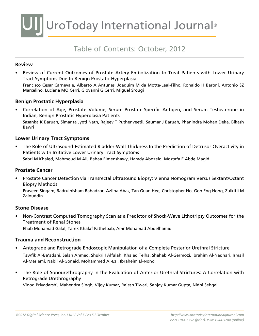 UIJ Urotoday International Journal® Table of Contents: October, 2012