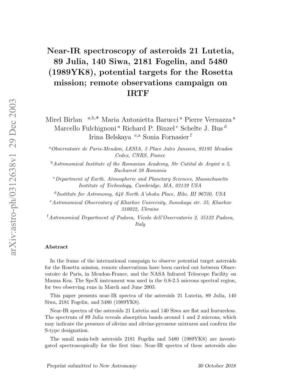 Near-IR Spectroscopy of Asteroids 21 Lutetia, 89 Julia, 140 Siwa, 2181