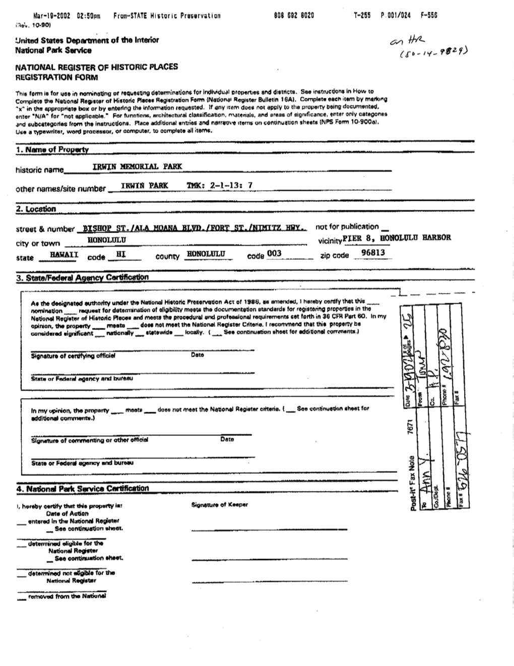 NRHP Nomination Form: Irwin Memorial Park