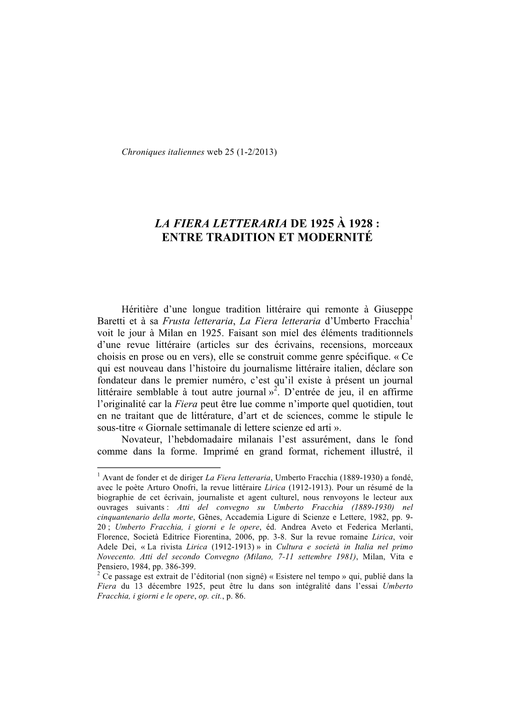 La Fiera Letteraria De 1925 À 1928 : Entre Tradition Et Modernité