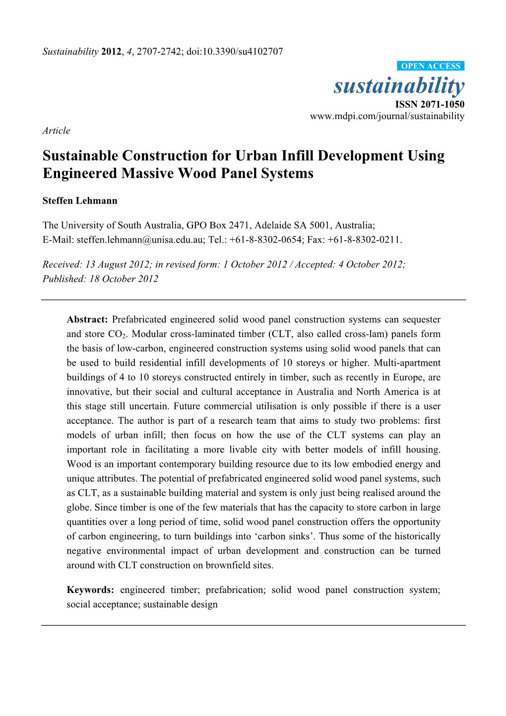 Sustainable Construction for Urban Infill Development Using Engineered Massive Wood Panel Systems