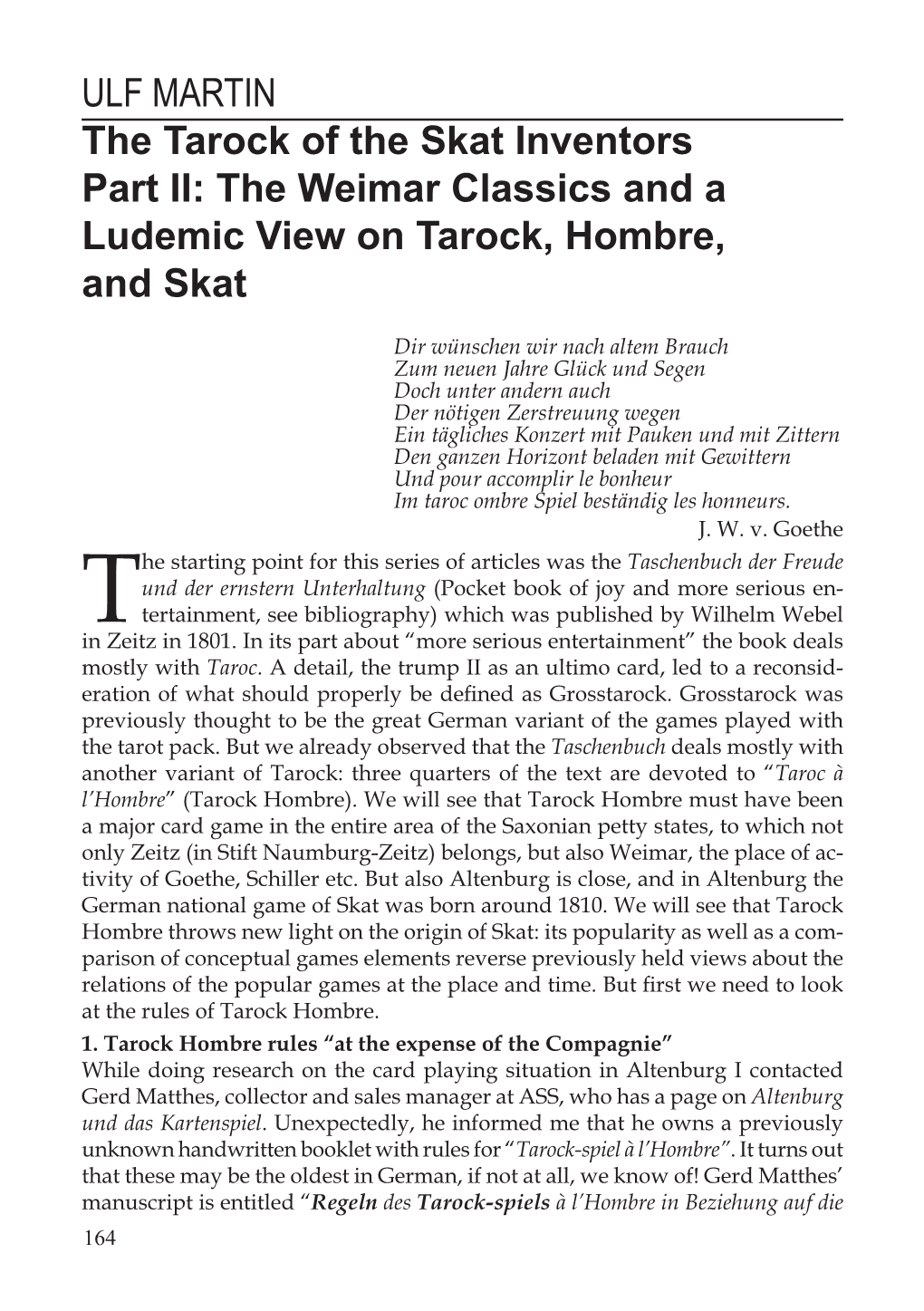The Weimar Classics and a Ludemic View on Tarock, Hombre, and Skat