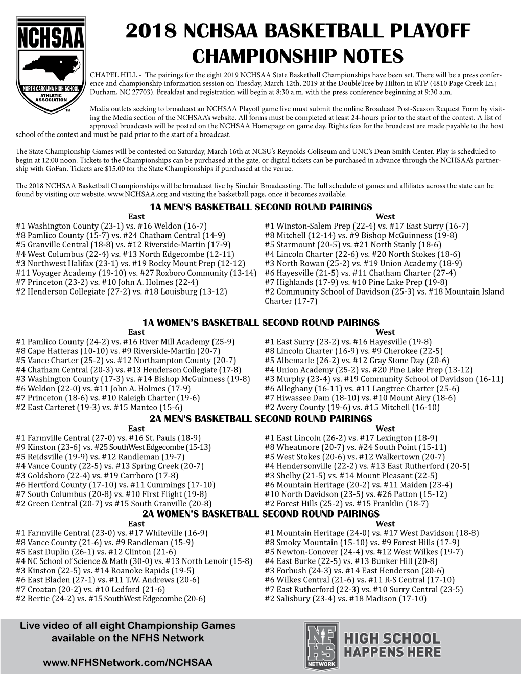 2018 NCHSAA BASKETBALL PLAYOFF CHAMPIONSHIP NOTES CHAPEL HILL - the Pairings for the Eight 2019 NCHSAA State Basketball Championships Have Been Set