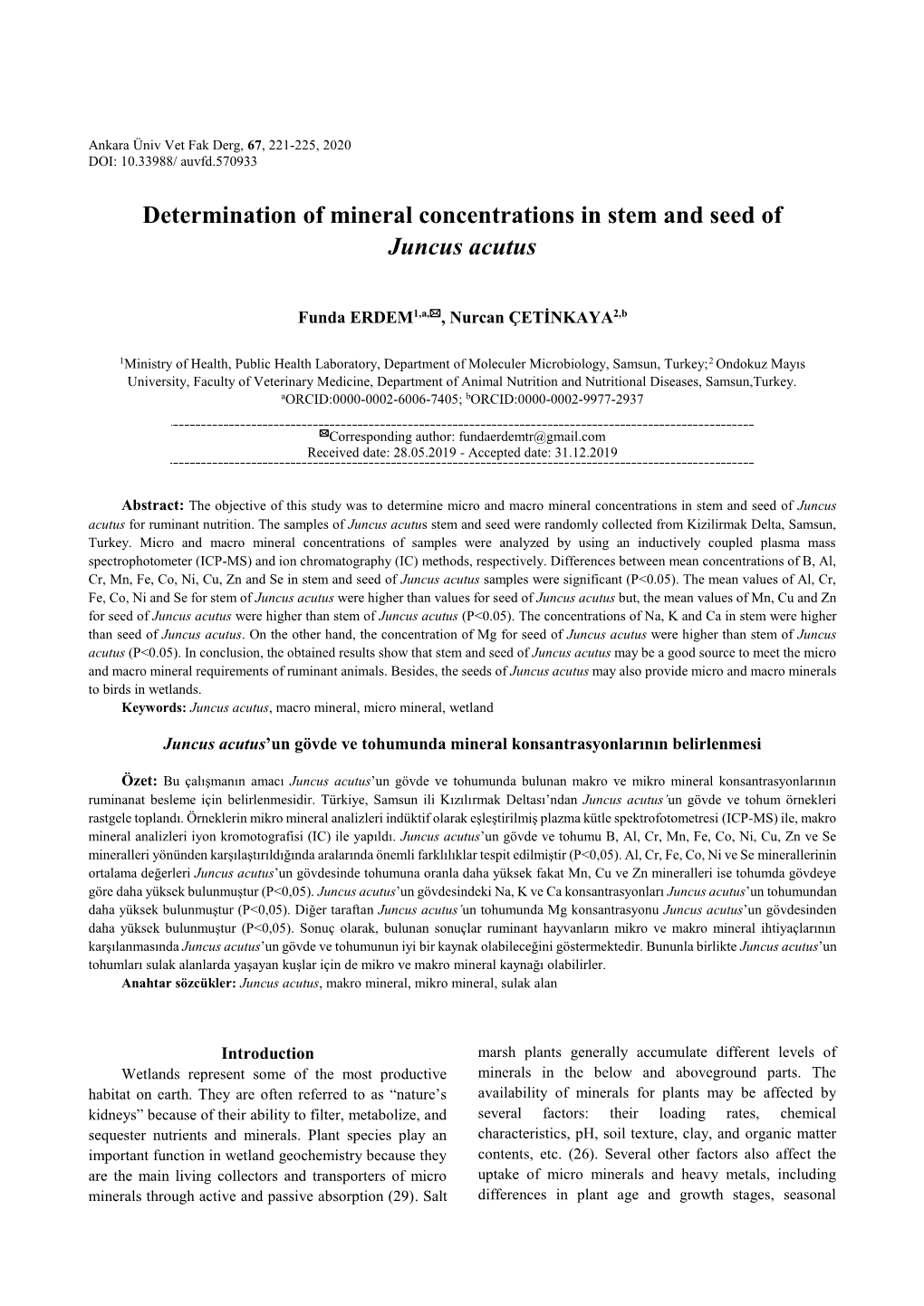 Determination of Mineral Concentrations in Stem and Seed of Juncus Acutus