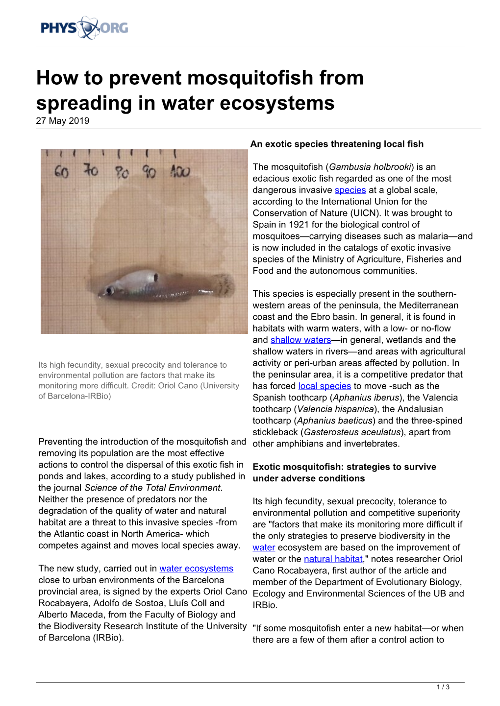 How to Prevent Mosquitofish from Spreading in Water Ecosystems 27 May 2019