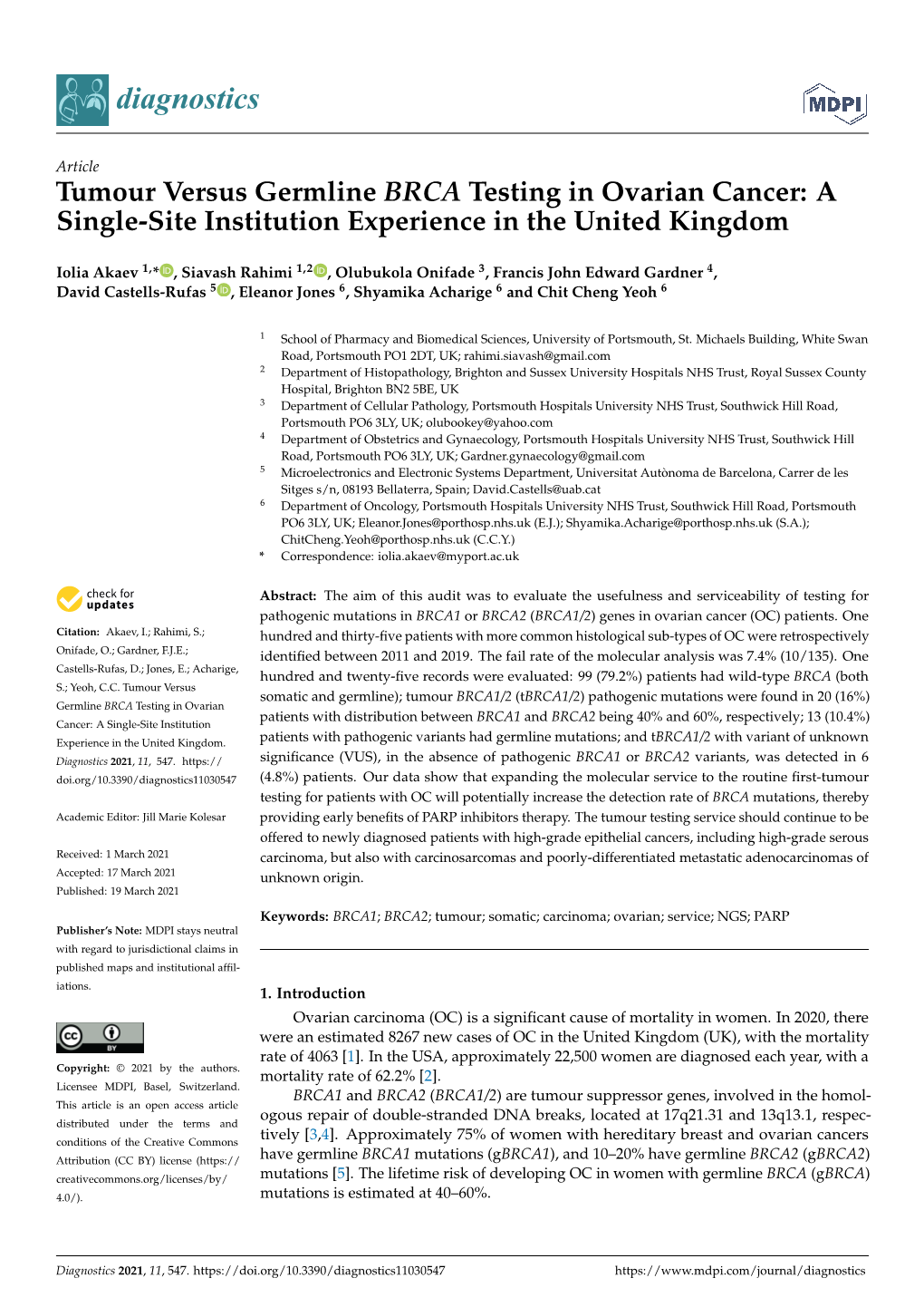 Tumour Versus Germline BRCA Testing in Ovarian Cancer: a Single-Site Institution Experience in the United Kingdom