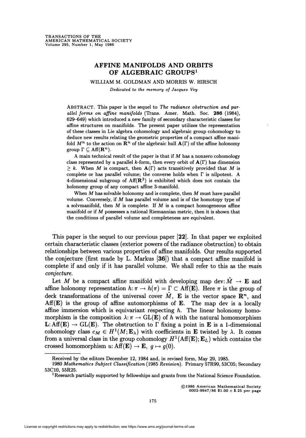 Affine Manifolds and Orbits of Algebraic Groups1 William M