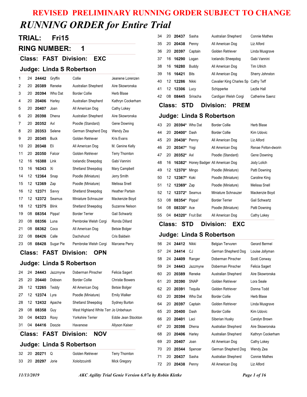 RUNNING ORDER for Entire Trial