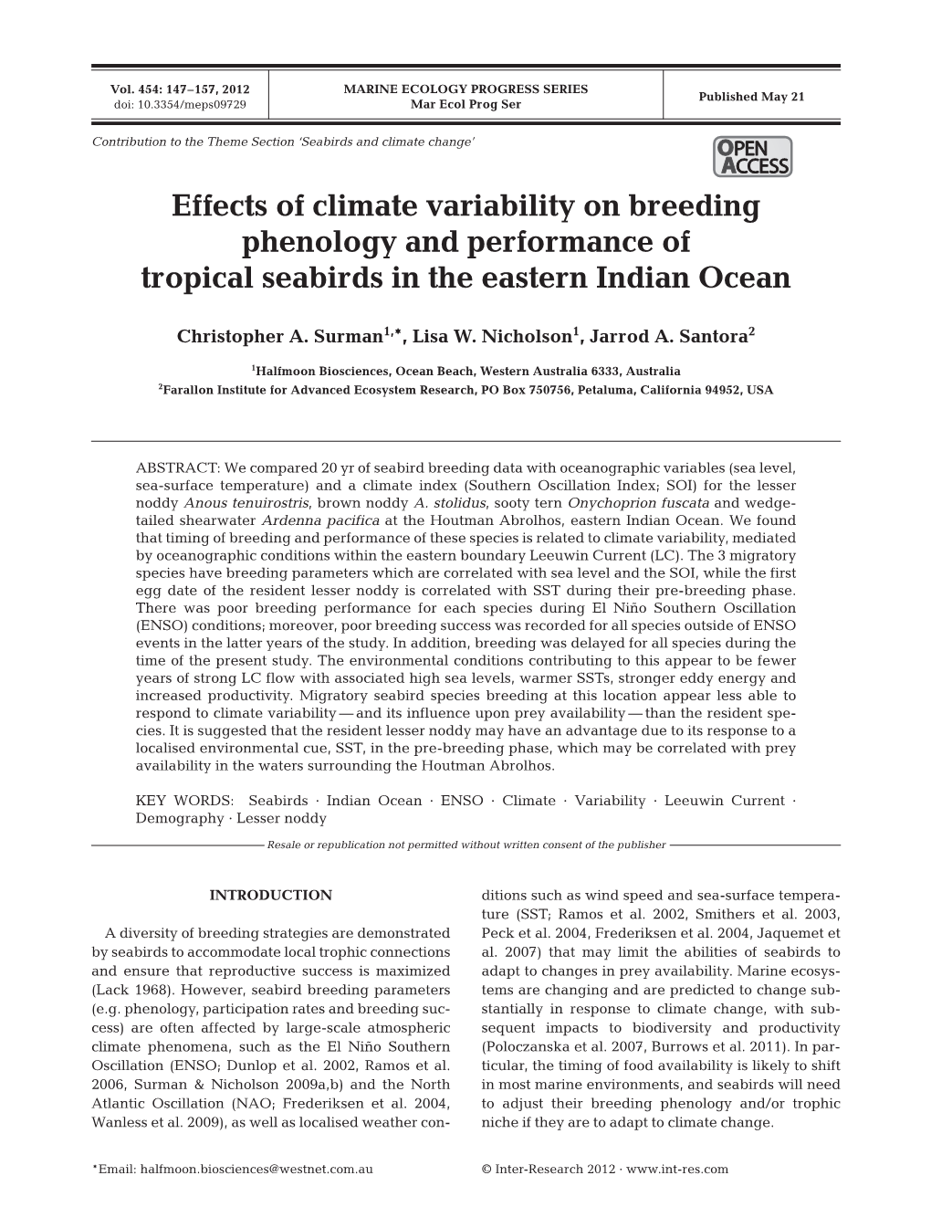 Effects of Climate Variability on Breeding Phenology and Performance of Tropical Seabirds in the Eastern Indian Ocean