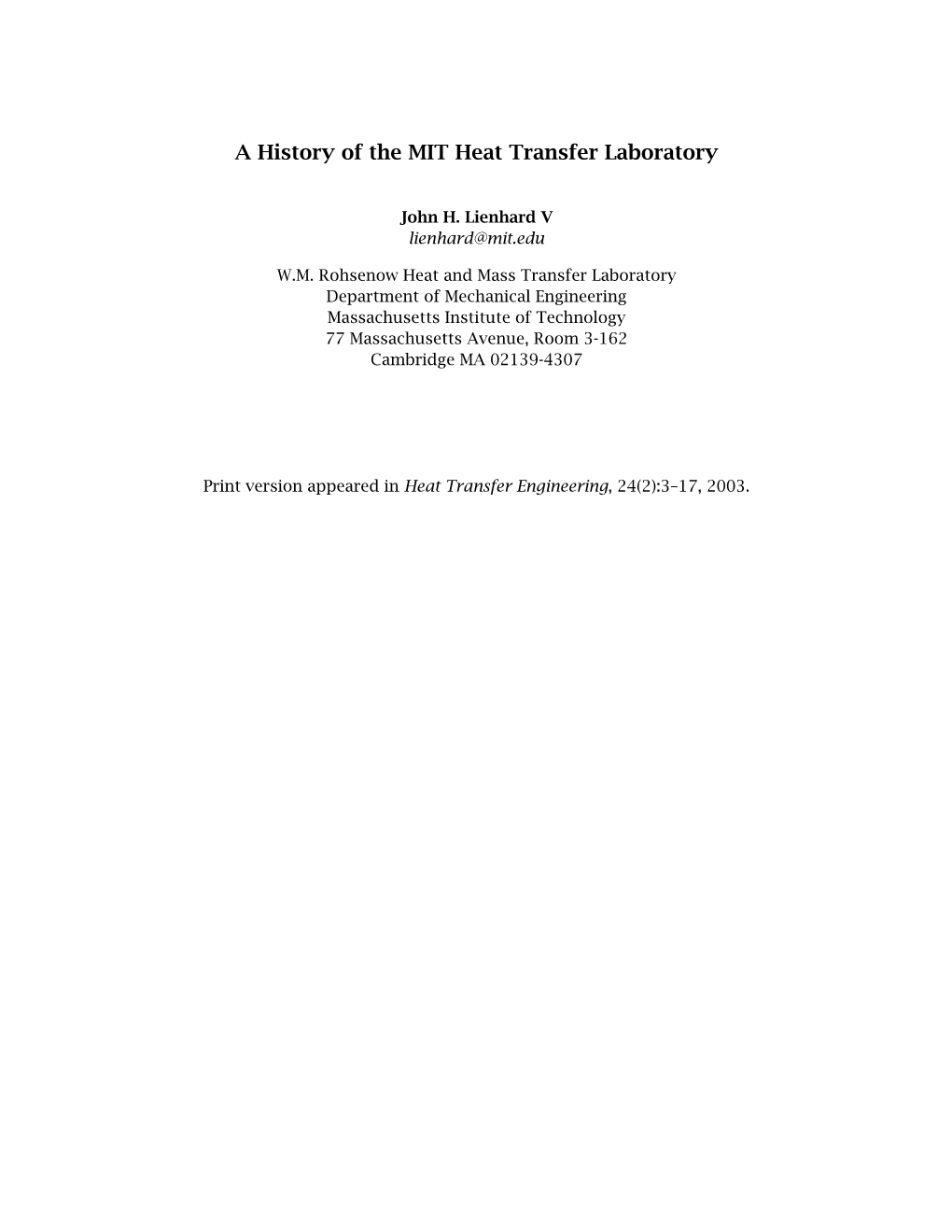A History of the MIT Heat Transfer Laboratory