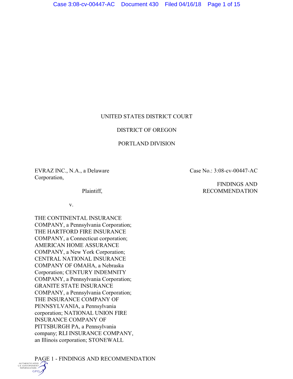 UNITED STATES DISTRICT COURT DISTRICT of OREGON PORTLAND DIVISION EVRAZ INC., N.A., a Delaware Corporation, Plaintiff, V. the CO