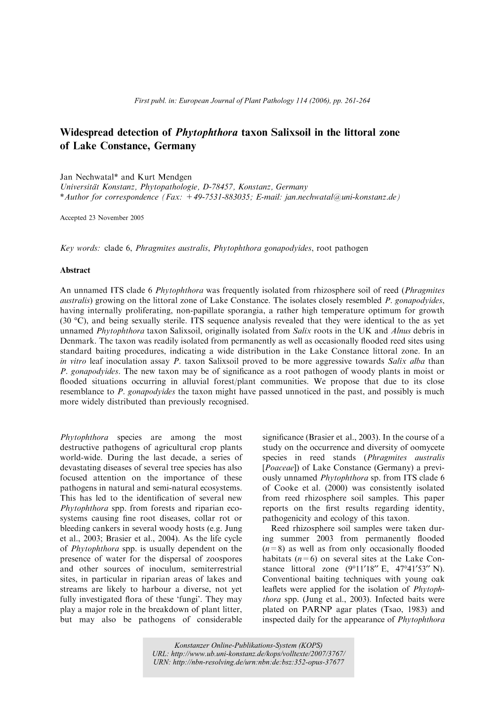 Widespread Detection of Phytophthora Taxon Salixsoil in the Littoral Zone of Lake Constance, Germany