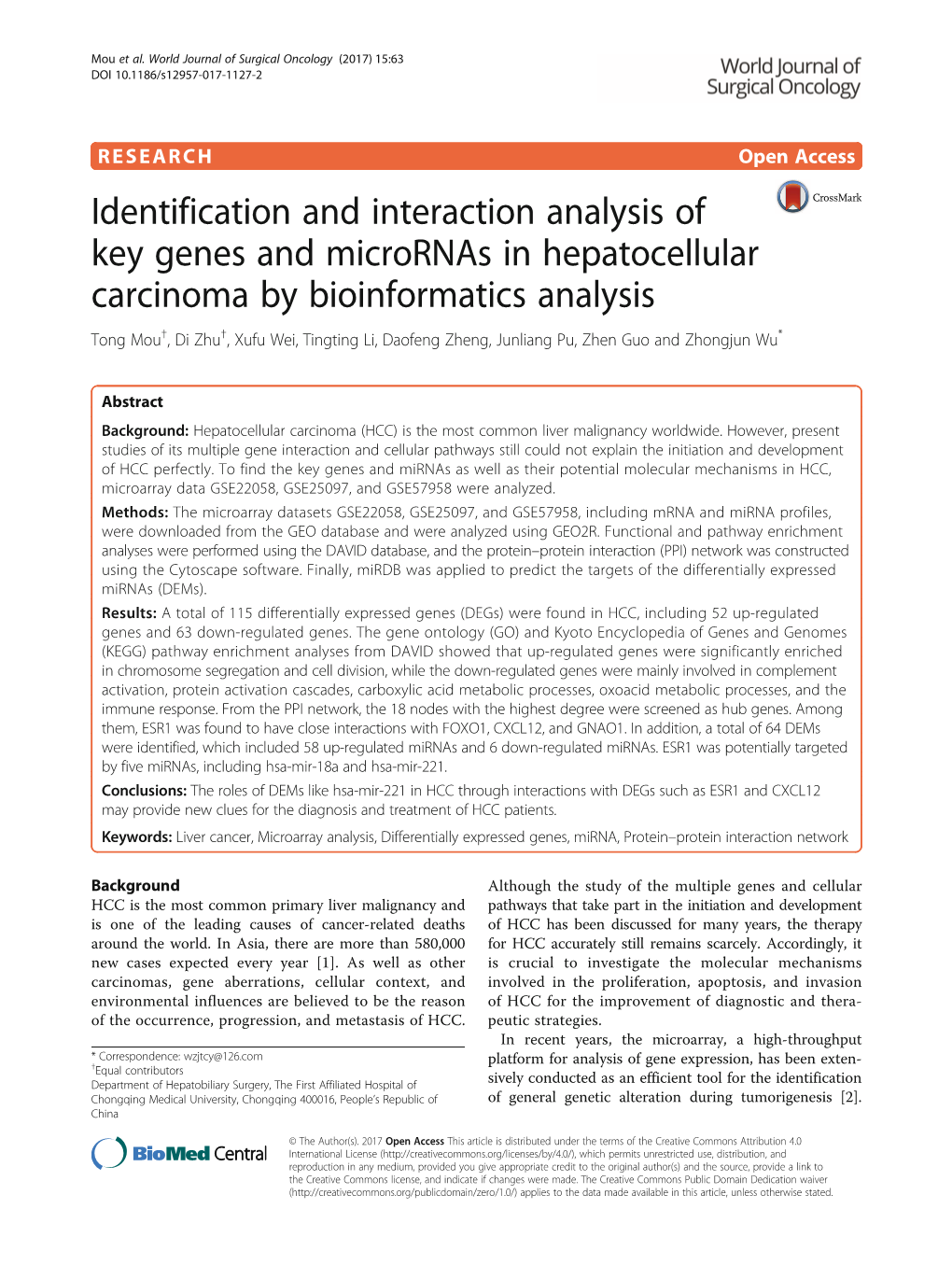 Identification and Interaction Analysis of Key Genes and Micrornas In