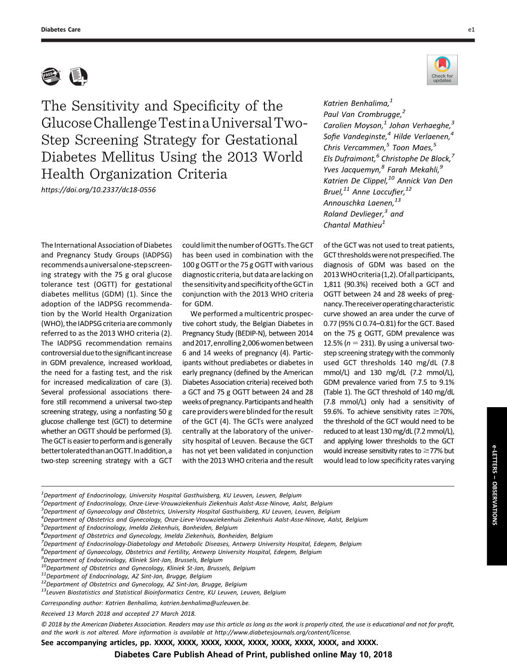 The Sensitivity and Specificity of the Glucose Challenge Test in a Universal Two-Step Screening Strategy for Gestational Diabete