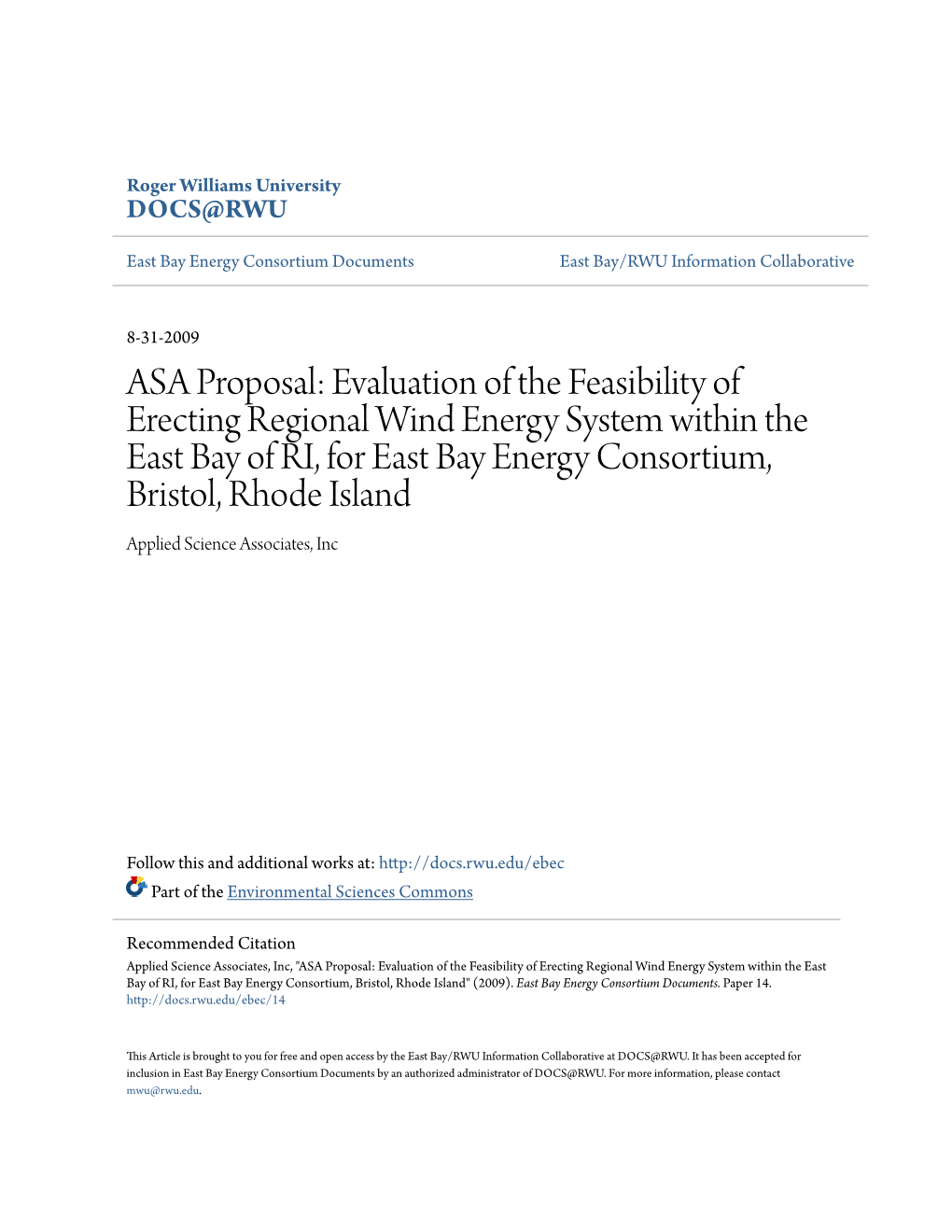 ASA Proposal: Evaluation of the Feasibility of Erecting Regional Wind Energy System Within the East Bay of RI, for East Bay Ener