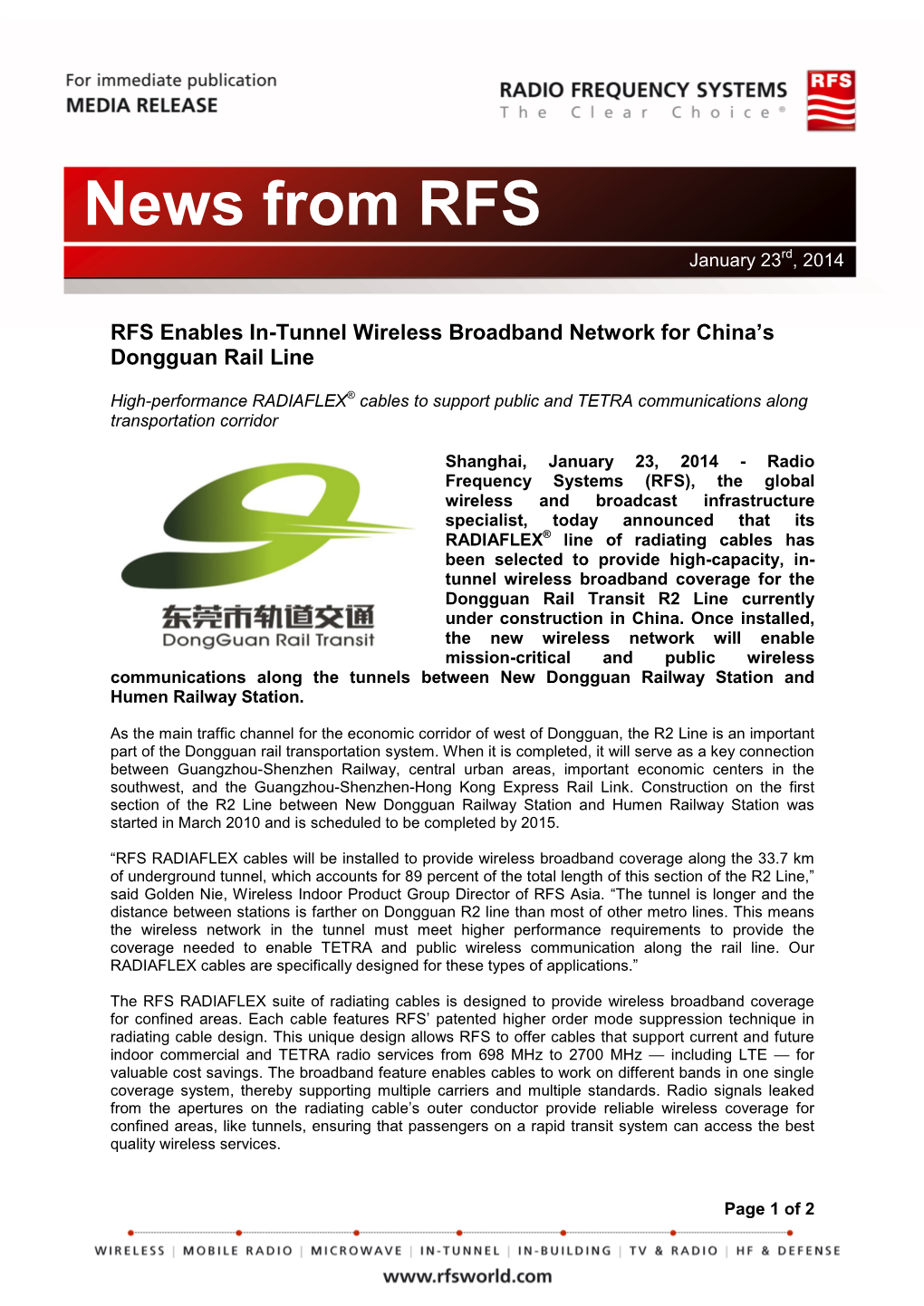 RFS Supports the Ramp-Up of Next-Generation Broadcast Networks In