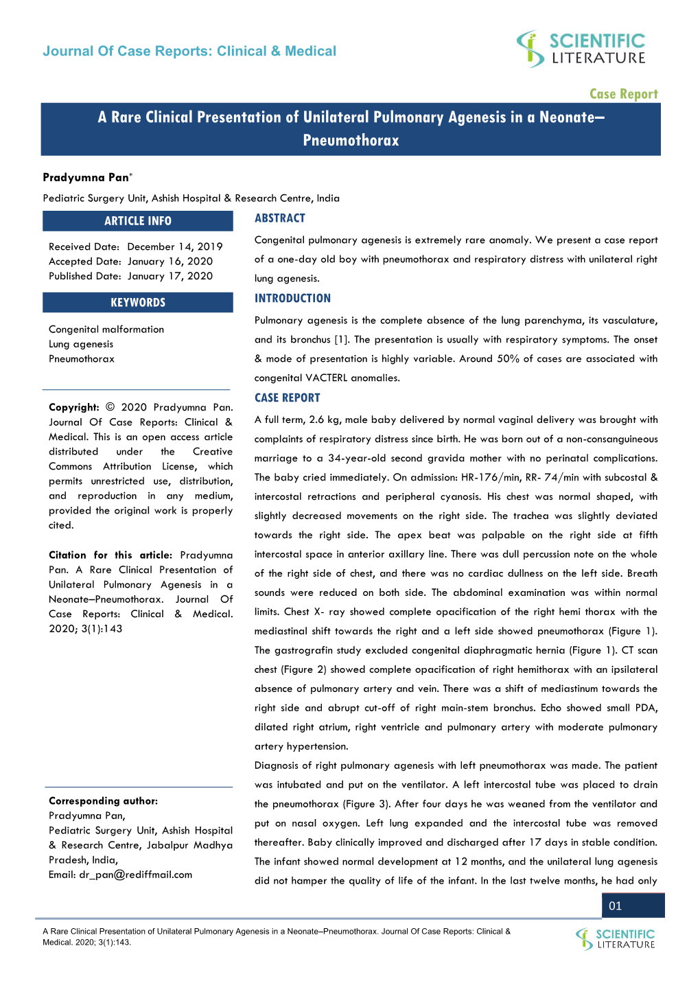 A Rare Clinical Presentation of Unilateral Pulmonary Agenesis in a Neonate– Pneumothorax