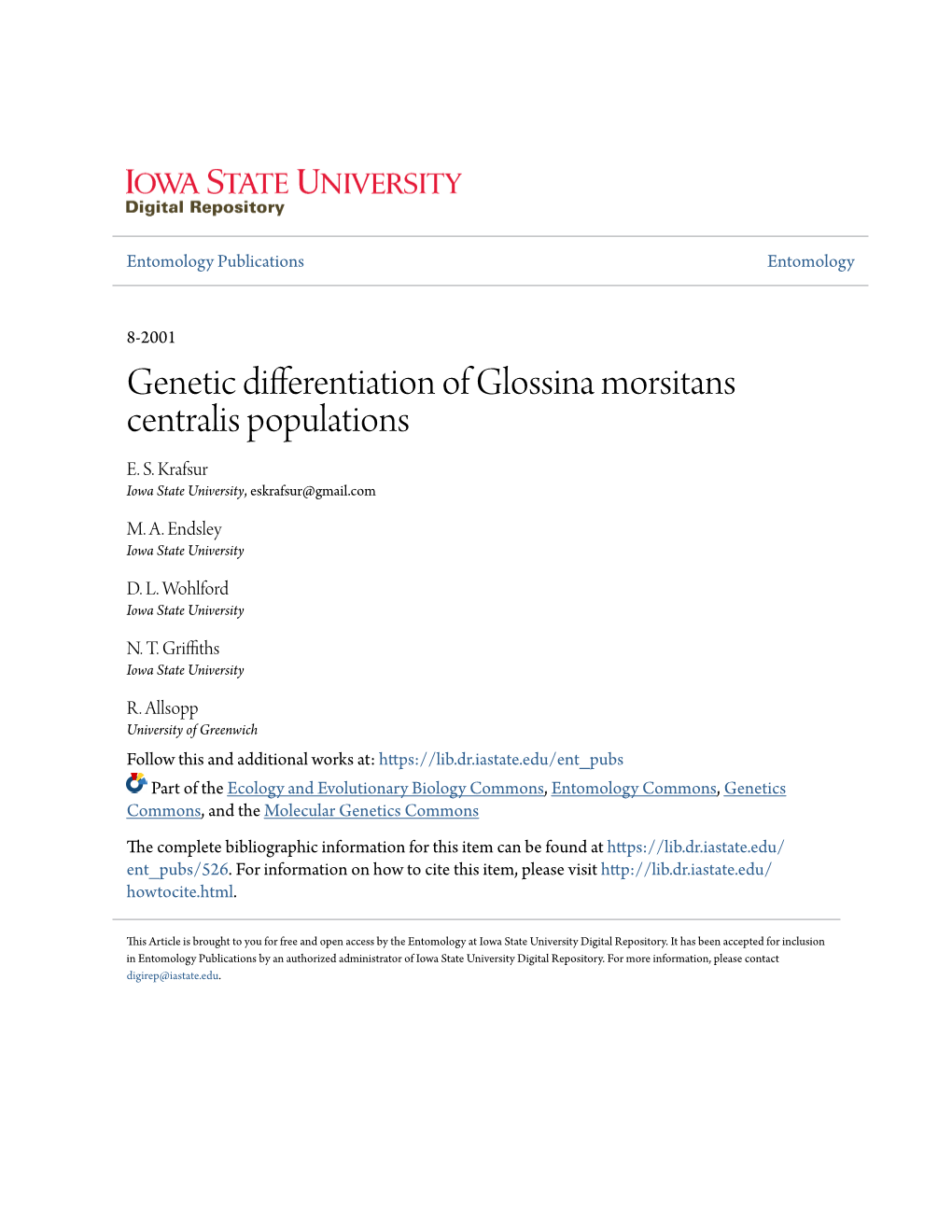 Genetic Differentiation of Glossina Morsitans Centralis Populations E