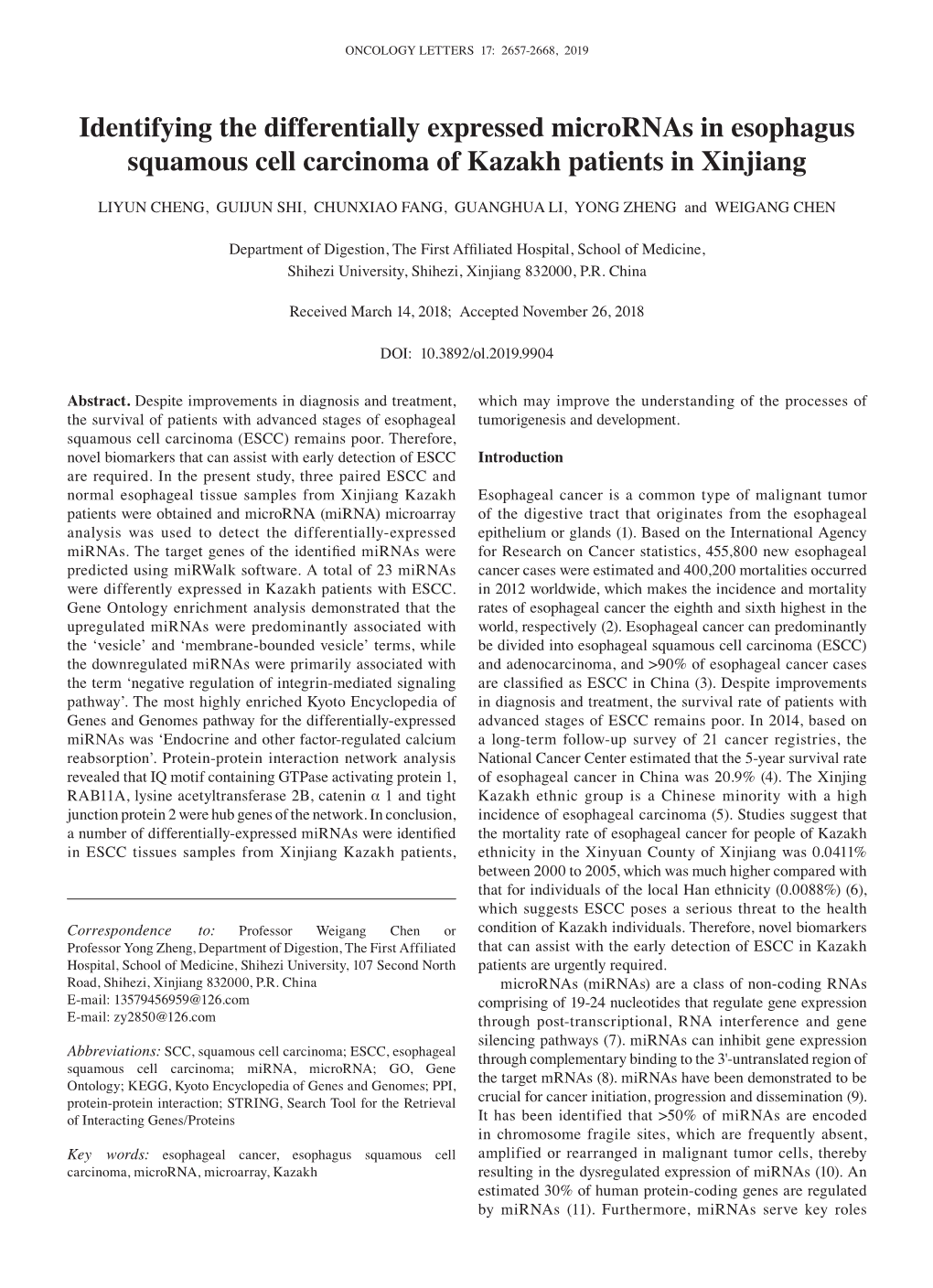 Identifying the Differentially Expressed Micrornas in Esophagus Squamous Cell Carcinoma of Kazakh Patients in Xinjiang