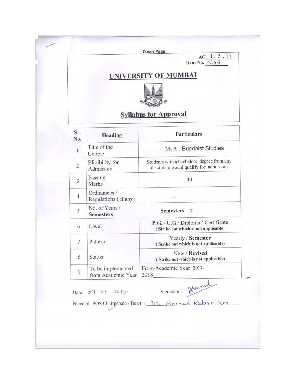 4.166 M.A. Buddhisht Studies Sem I & II