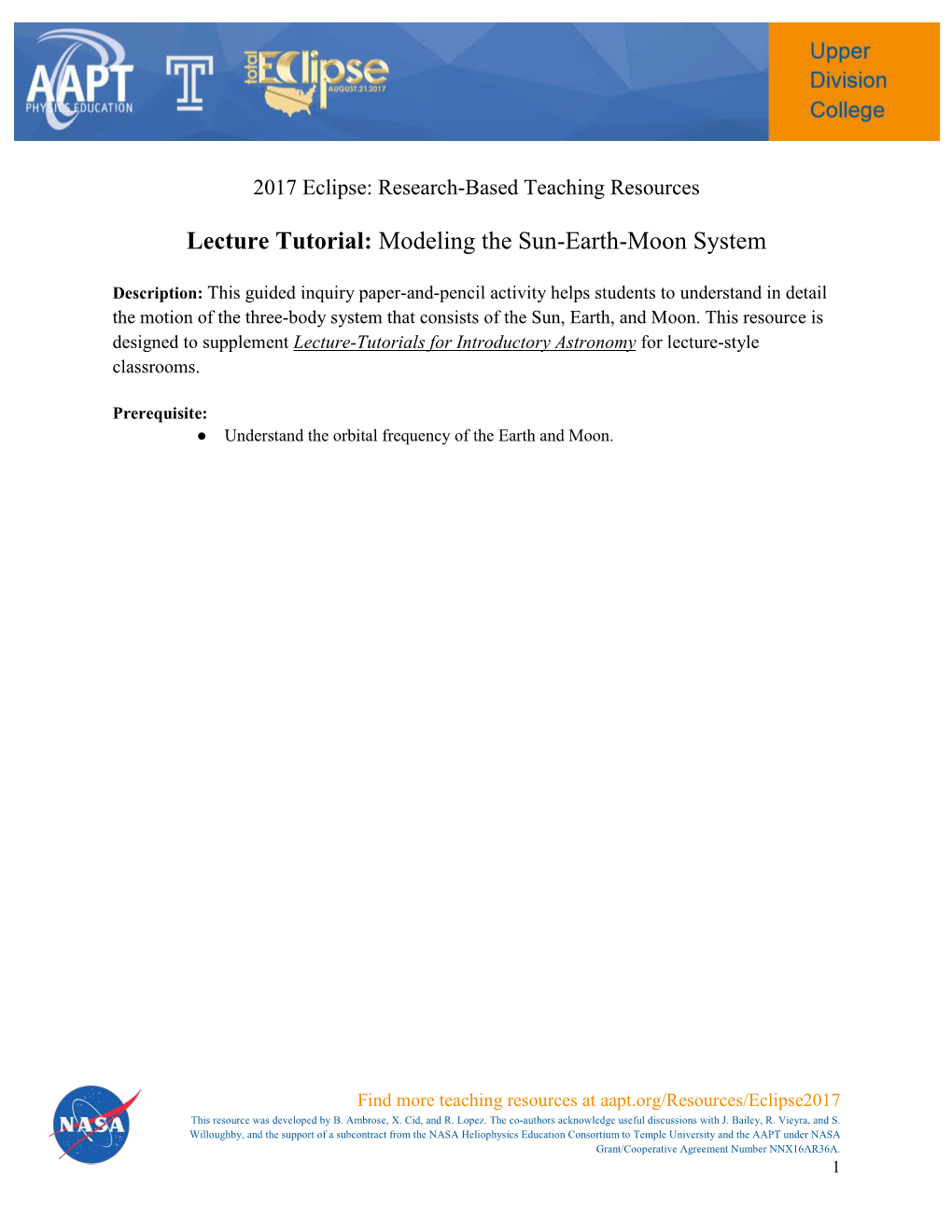 Lecture Tutorial: Modeling the Sun-Earth-Moon System