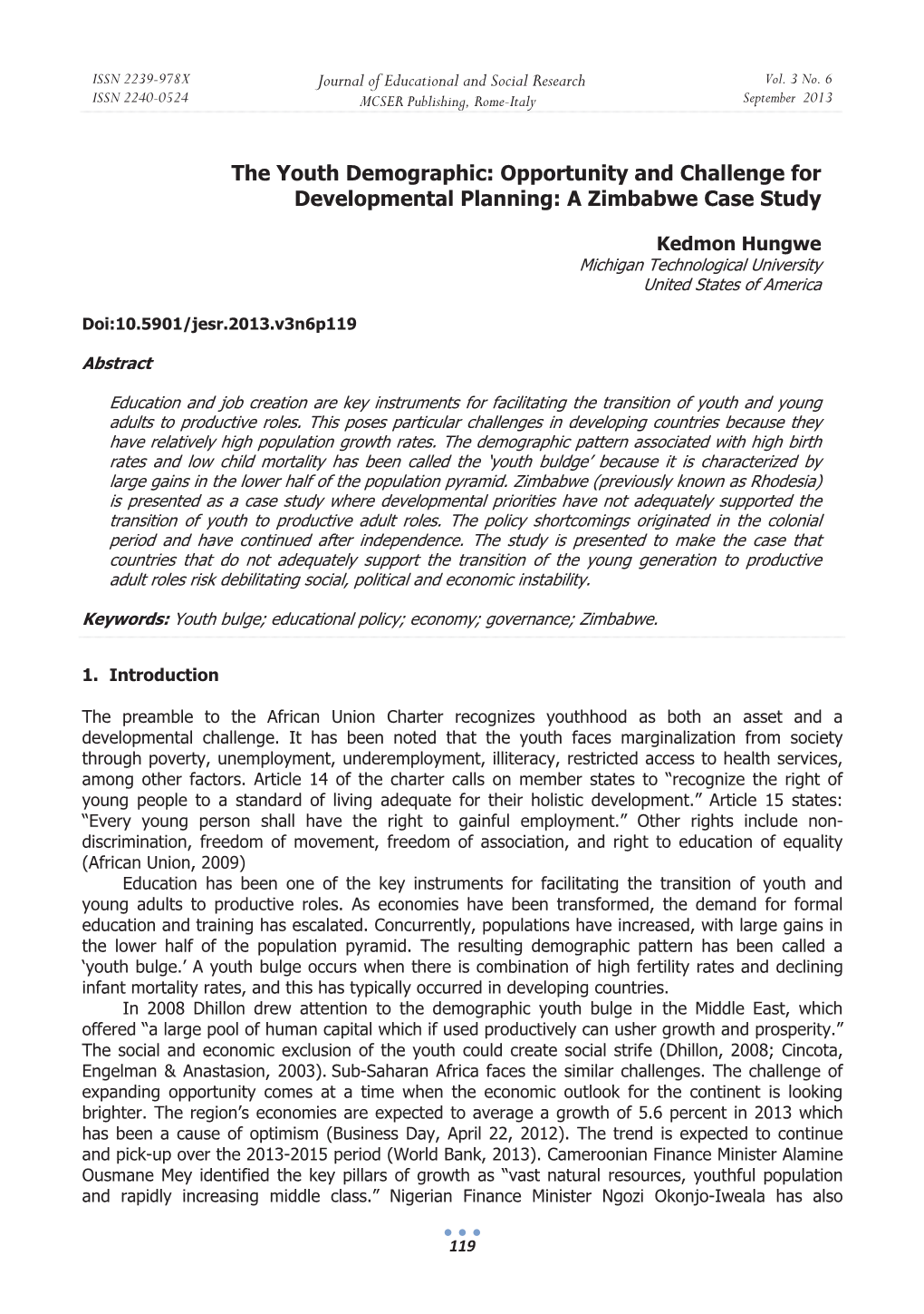 The Youth Demographic: Opportunity and Challenge for Developmental Planning: a Zimbabwe Case Study