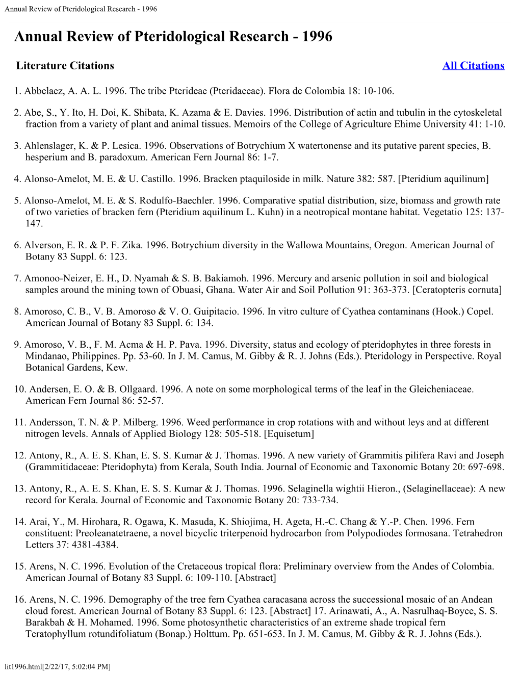 Annual Review of Pteridological Research - 1996