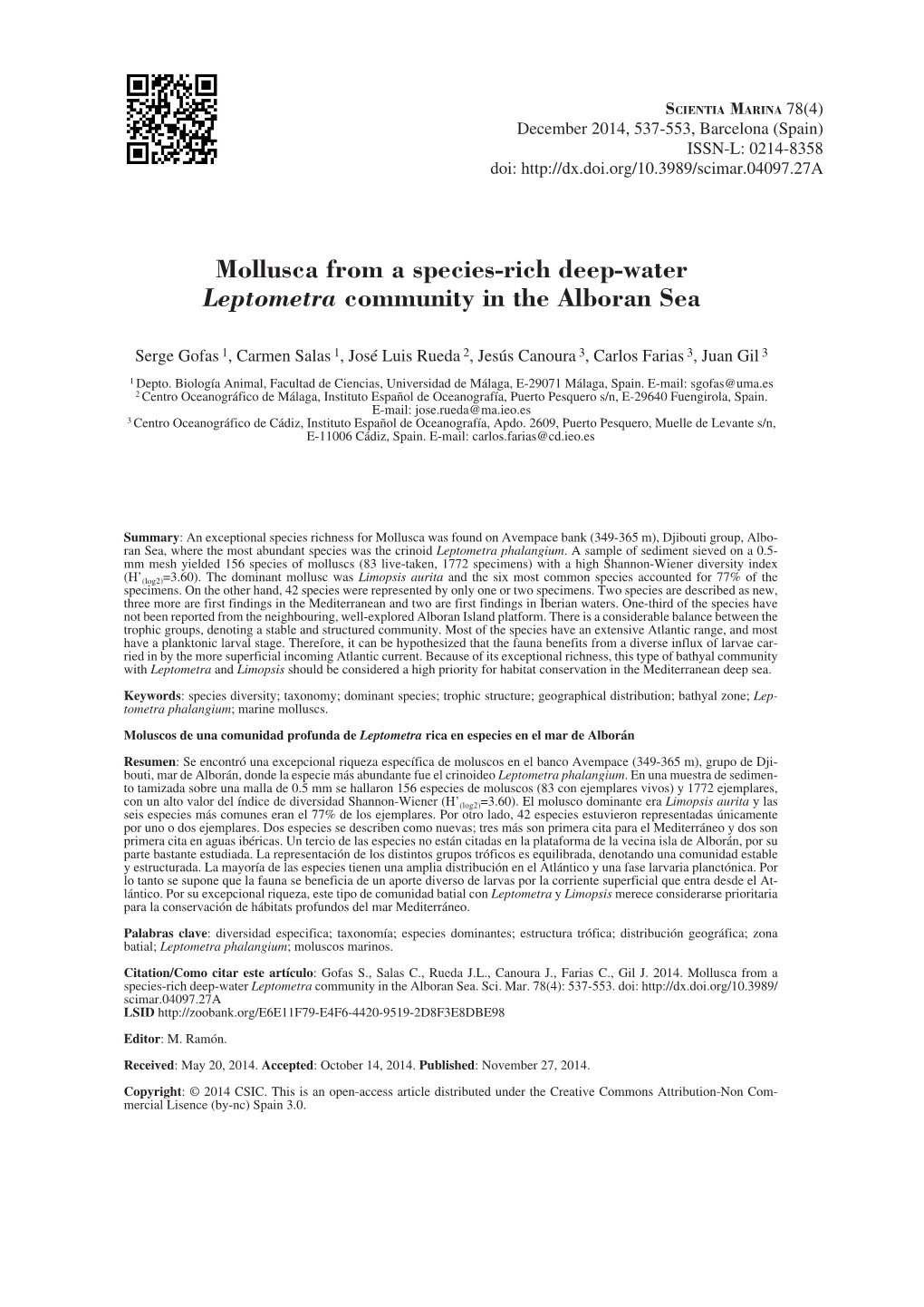 Mollusca from a Species-Rich Deep-Water Leptometra Community in the Alboran Sea