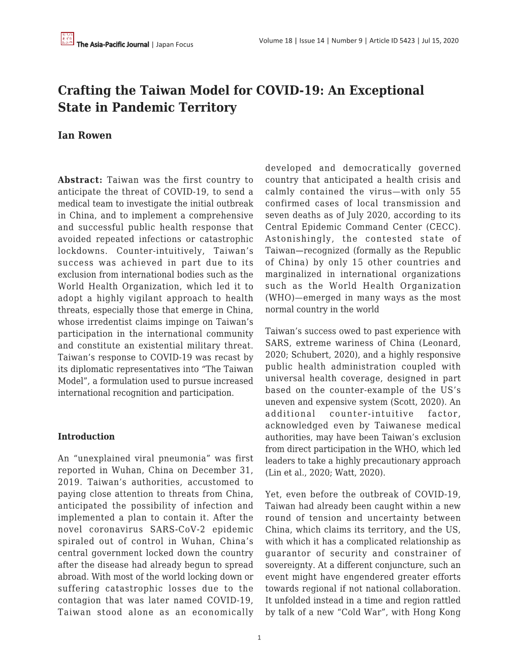 Crafting the Taiwan Model for COVID-19: an Exceptional State in Pandemic Territory