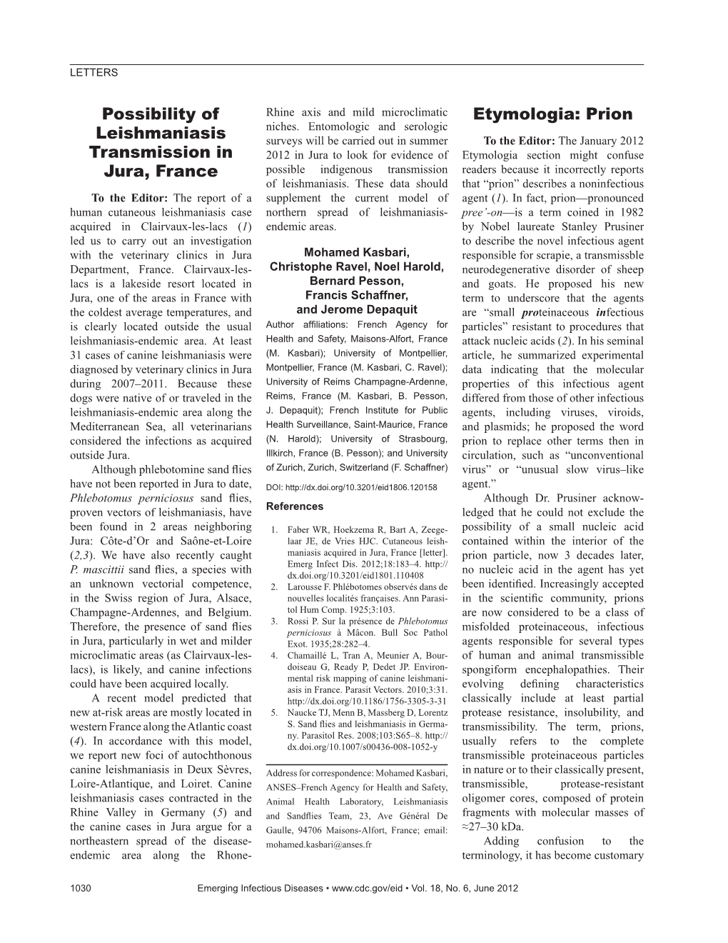 Possibility of Leishmaniasis Transmission in Jura, France