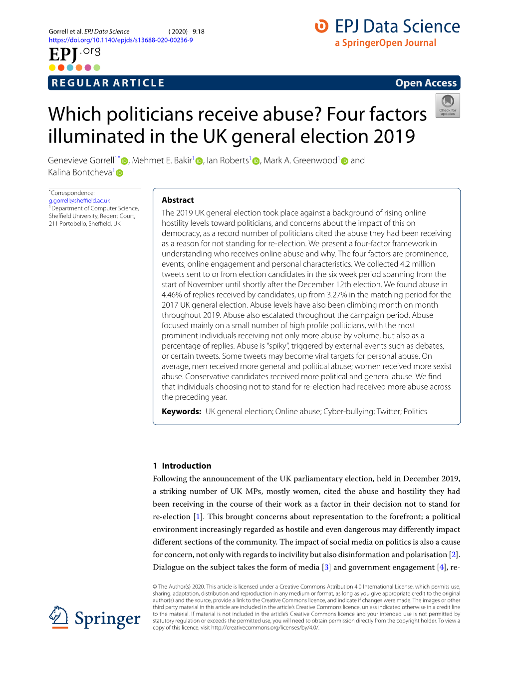 Which Politicians Receive Abuse? Four Factors Illuminated in the UK General Election 2019 Genevieve Gorrell1* , Mehmet E