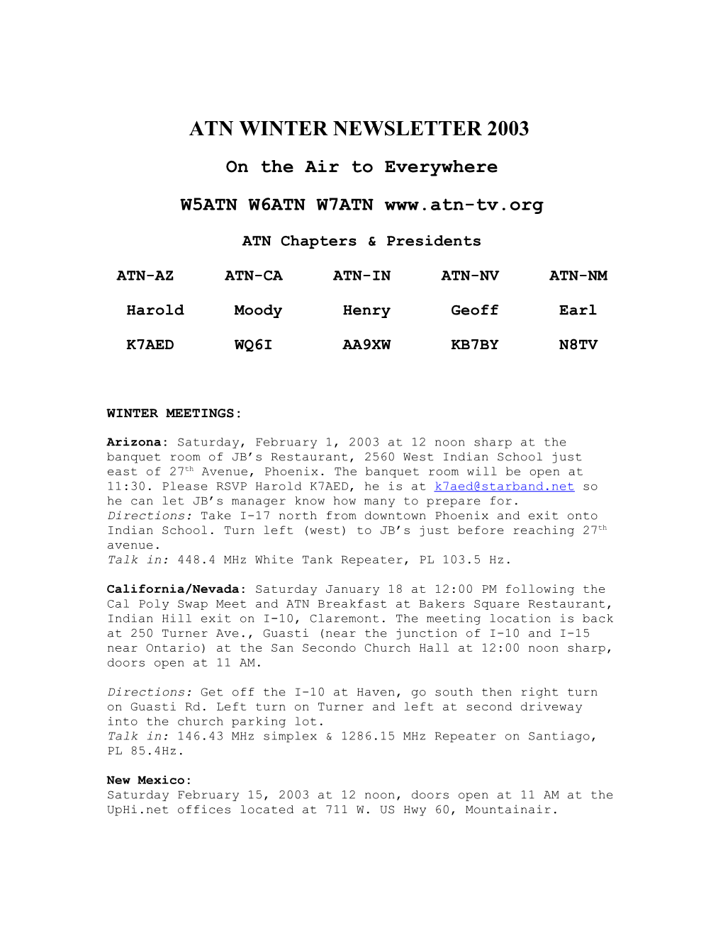 Atn Winter Newsletter 2003