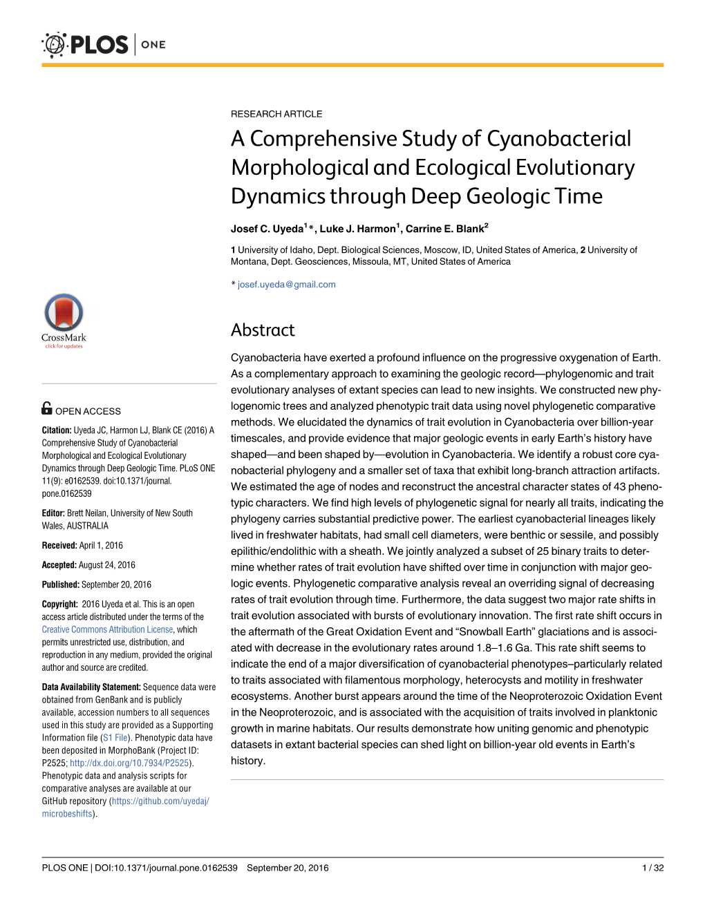 A Comprehensive Study of Cyanobacterial Morphological and Ecological Evolutionary Dynamics Through Deep Geologic Time