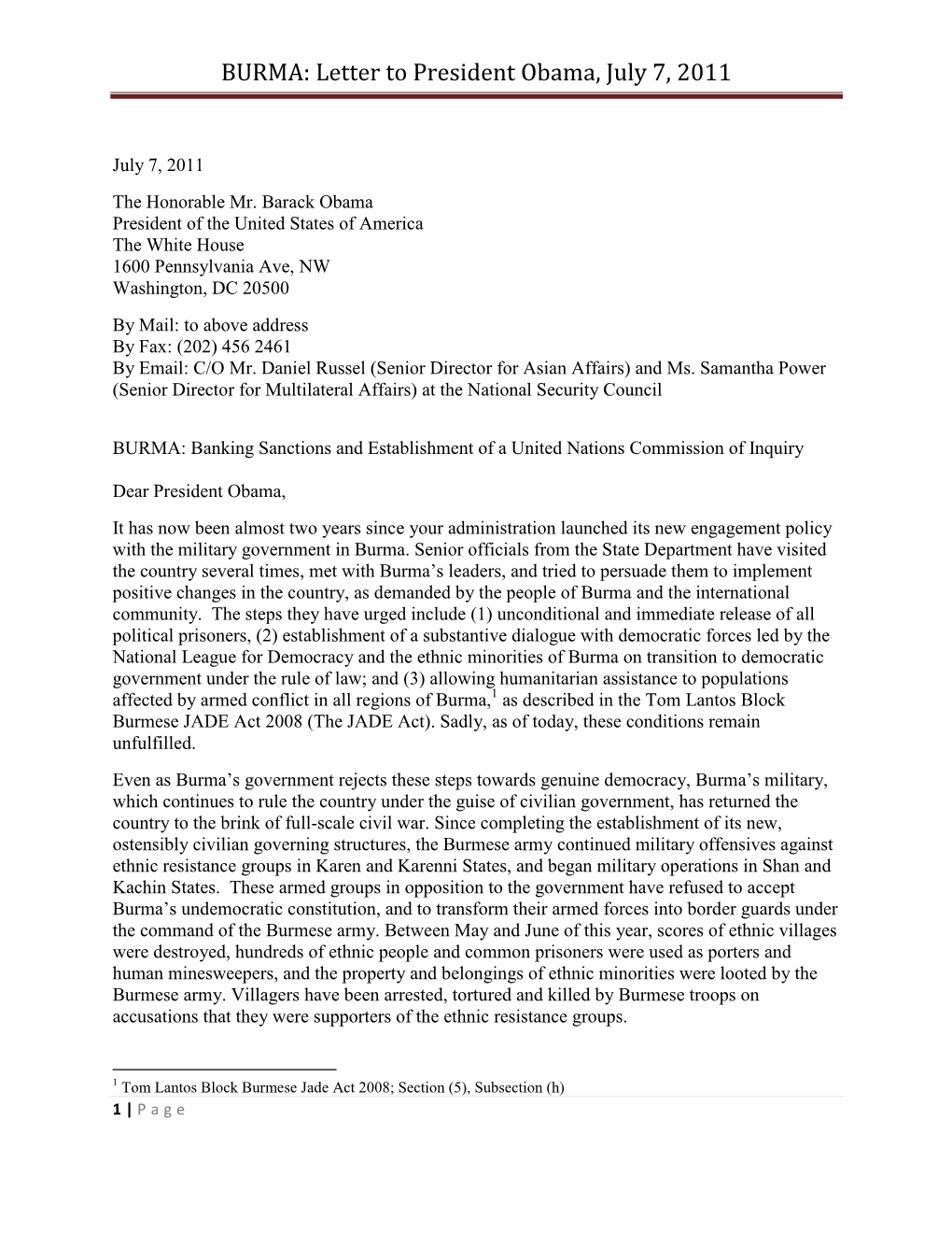 BURMA: Letter to President Obama, July 7, 2011