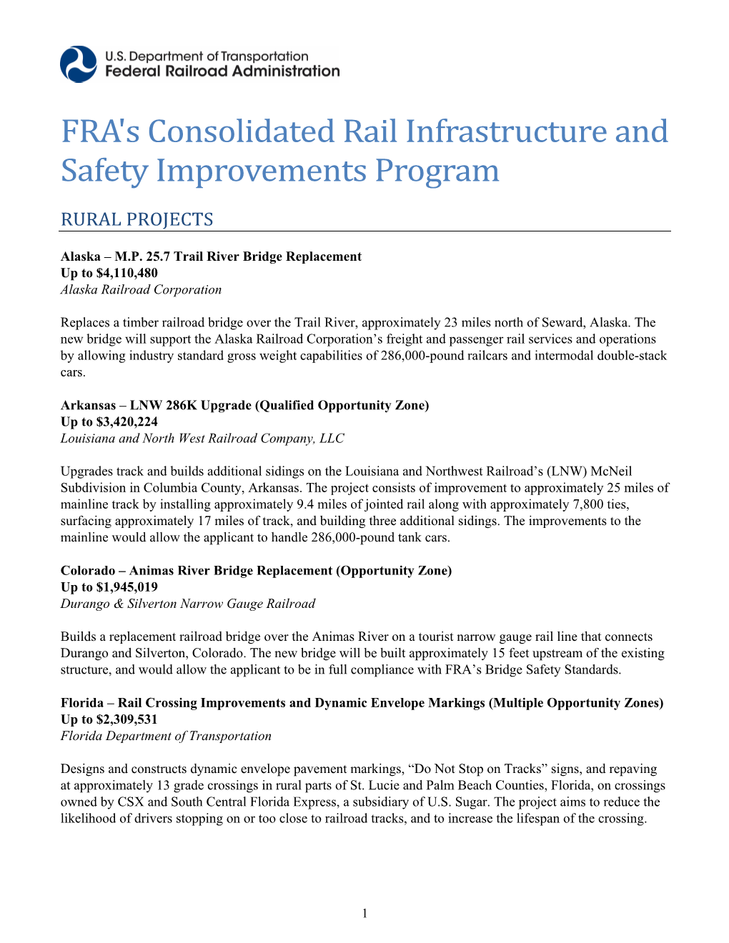 FRA's Consolidated Rail Infrastructure and Safety Improvements Program