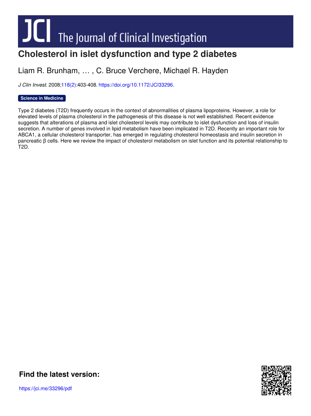 Cholesterol in Islet Dysfunction and Type 2 Diabetes