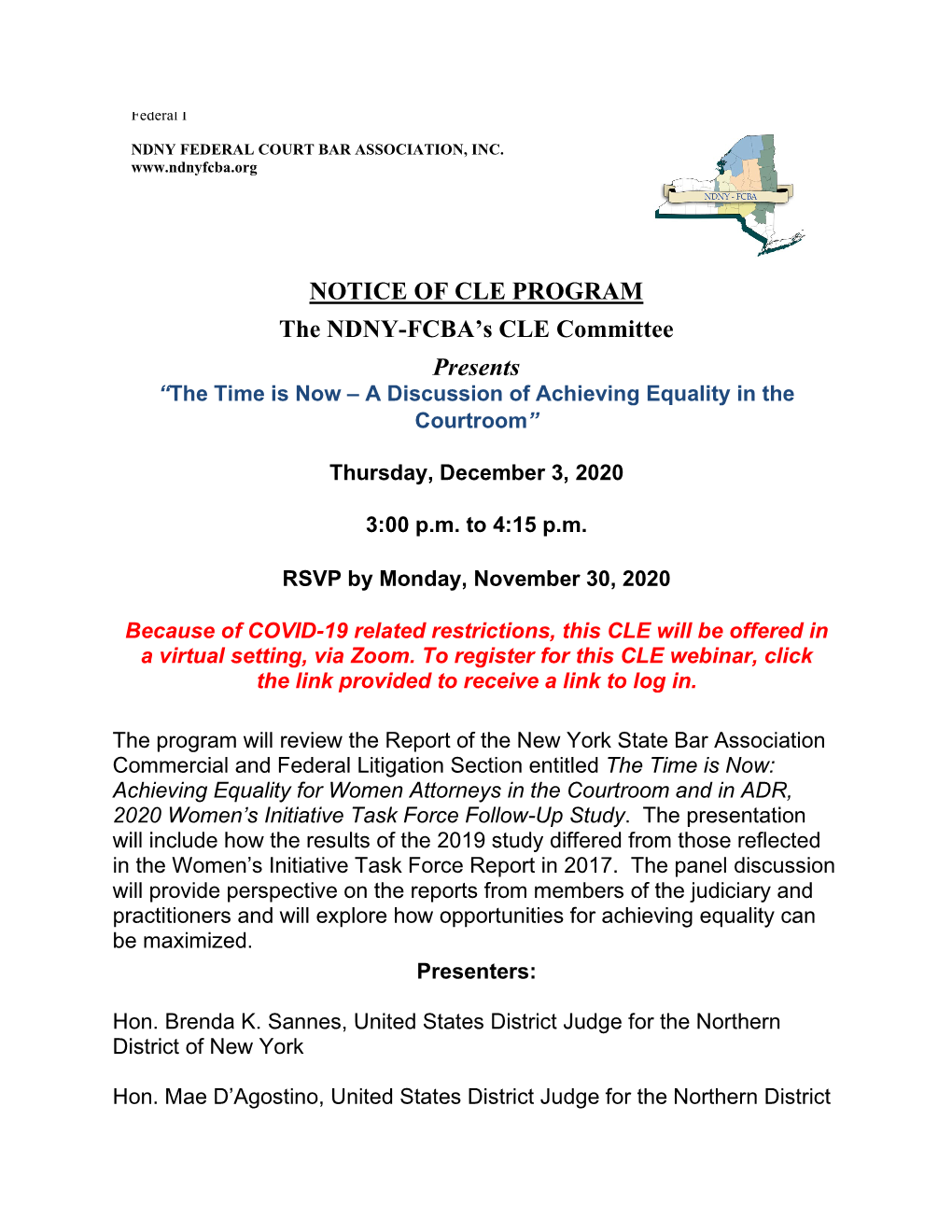 NOTICE of CLE PROGRAM the NDNY-FCBA's CLE Committee