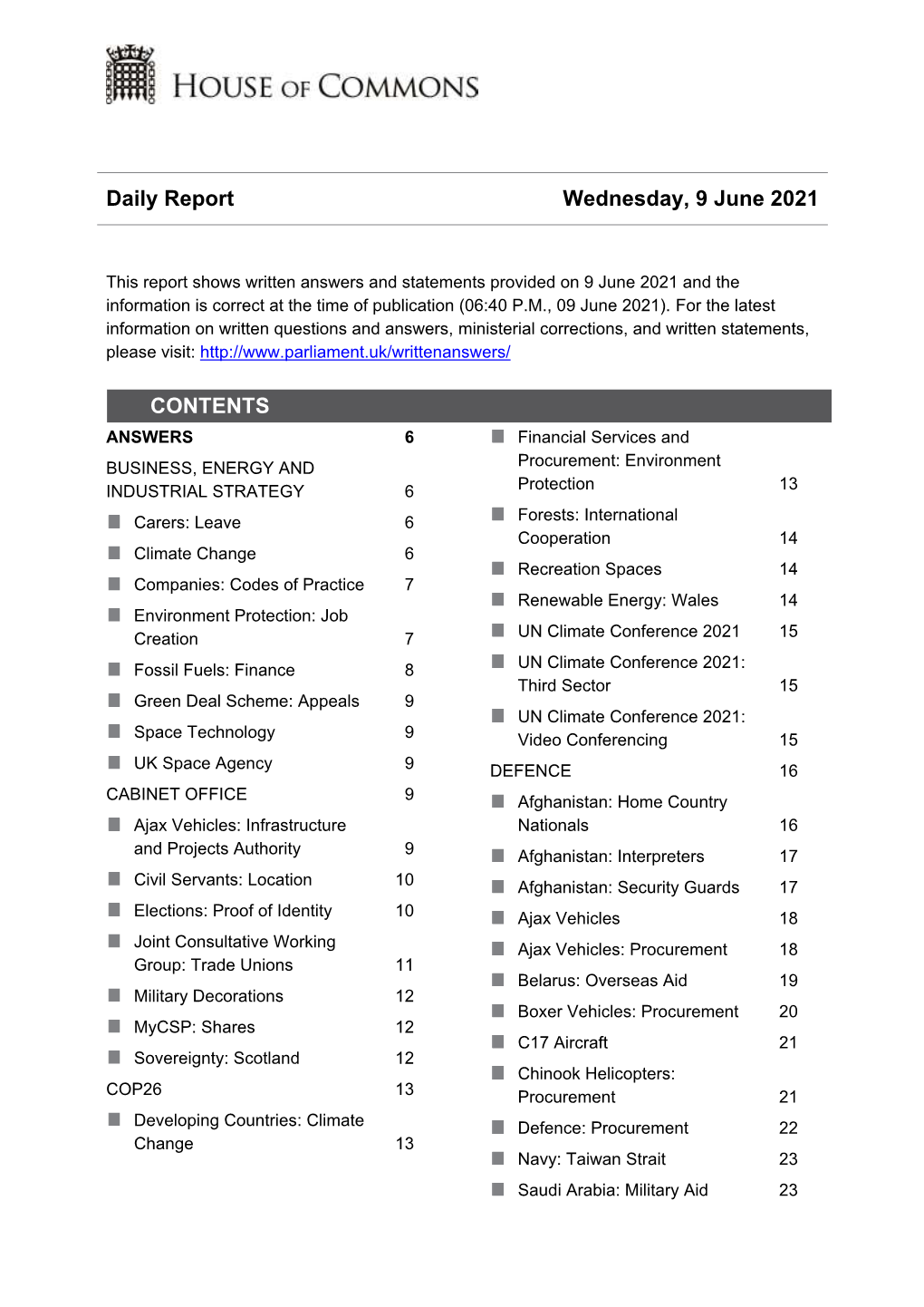 Daily Report Wednesday, 9 June 2021 CONTENTS