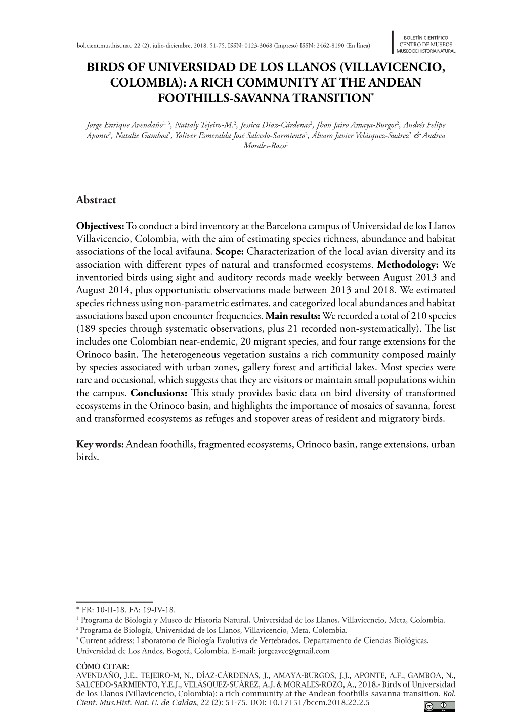 Birds of Universidad De Los Llanos (Villavicencio, Colombia): a Rich Community at the Andean Foothills-Savanna Transition*