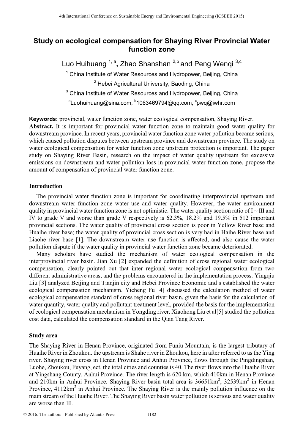 Study on Ecological Compensation for Shaying River Provincial Water Function Zone Luo Huihuang , Zhao Shanshan and Peng Wenqi