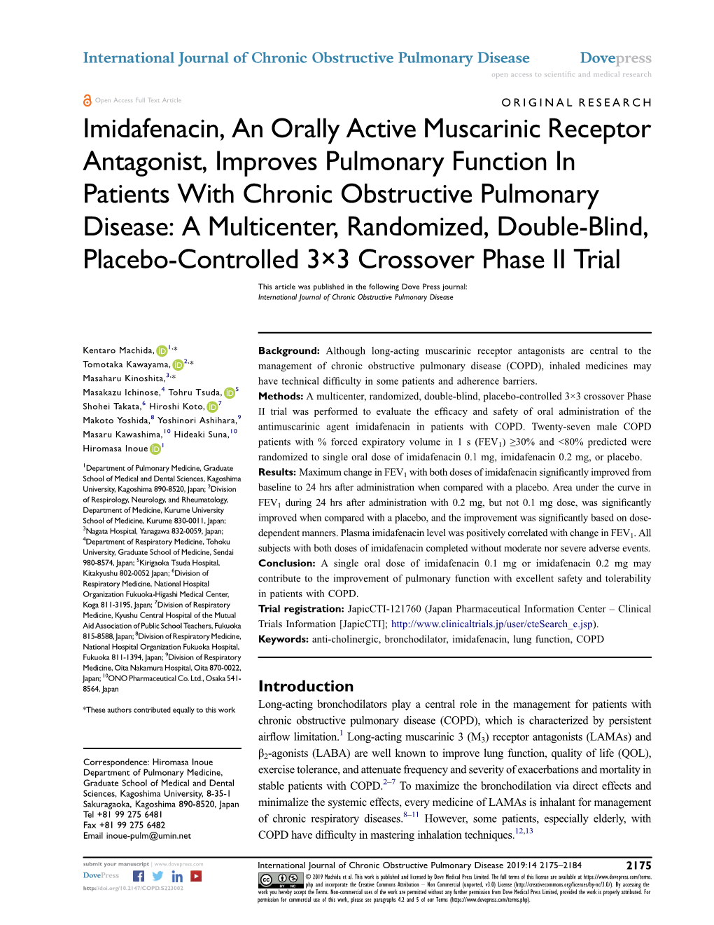 Imidafenacin, an Orally Active Muscarinic Receptor Antagonist, Improves Pulmonary Function in Patients with Chronic Obstructive