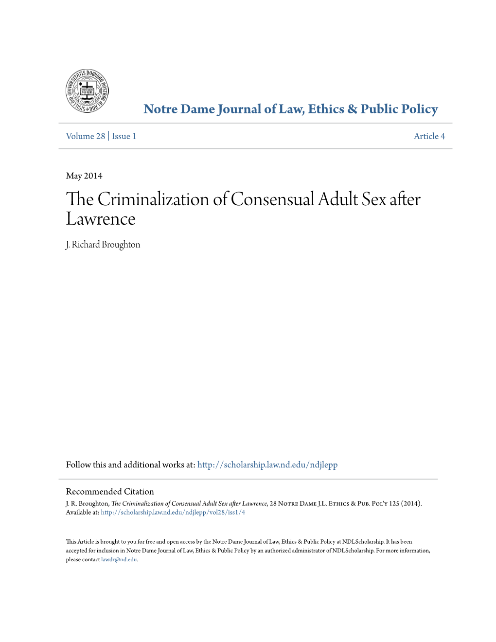 The Criminalization of Consensual Adult Sex After Lawrence, 28 Notre Dame J.L