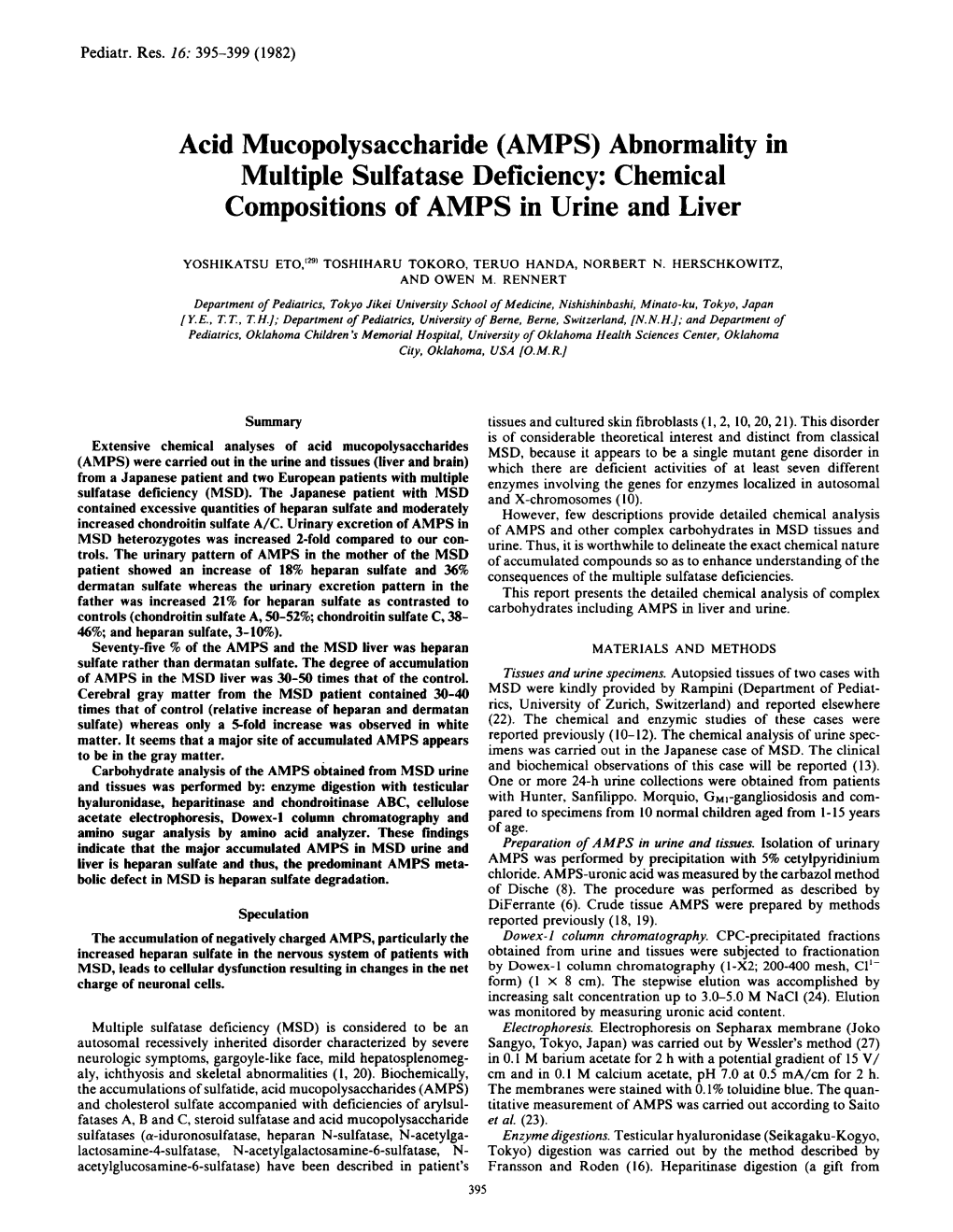 Abnormality in Multiple Sulfatase Deficiency: Chemical Compositions of AMPS in Urine and Liver