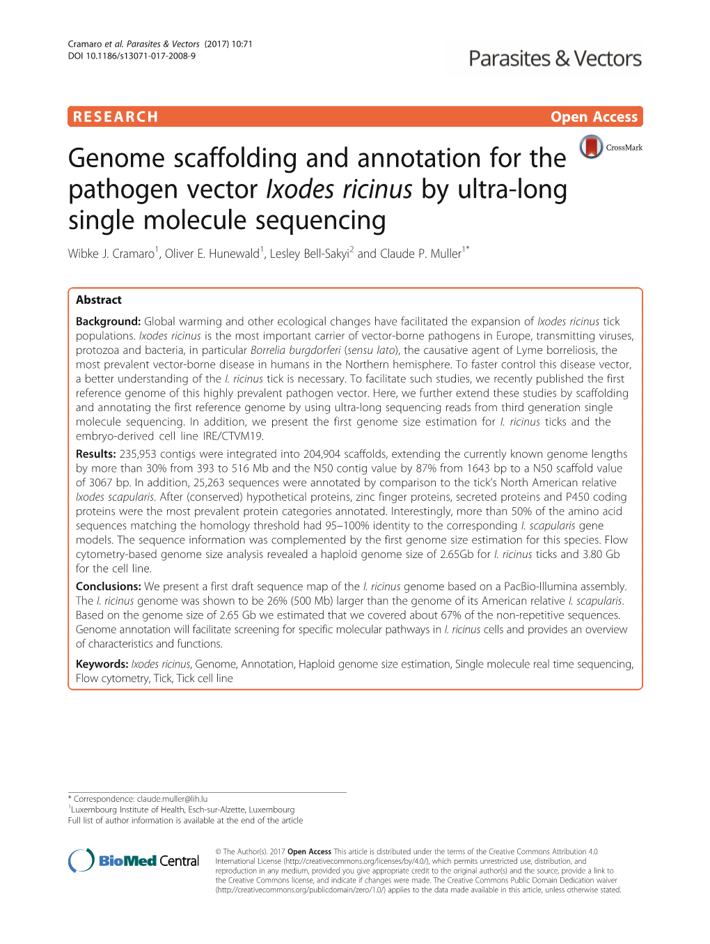 Genome Scaffolding and Annotation for the Pathogen Vector Ixodes Ricinus by Ultra-Long Single Molecule Sequencing Wibke J