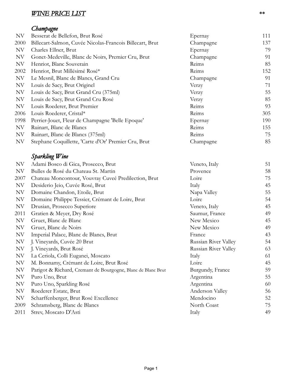 WINE PRICE LIST Champagne Sparkling Wine